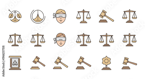 Law Justice Icons Set Legal System Symbols Scales Blindfolded Mallet Court Elements Vector Illustration Design Graphics