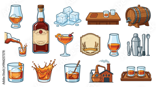 A vibrant collection of illustrations depicting various aspects of whiskey and its consumption, including bottles, glasses, cocktails, and a distillery.