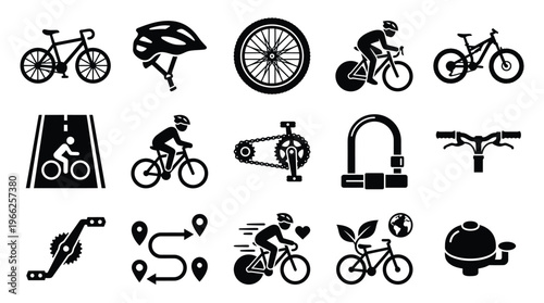 Collection of diverse cycling-related icons, including bicycles, helmets, wheels, locks, and route maps, representing various aspects of the sport and transportation.