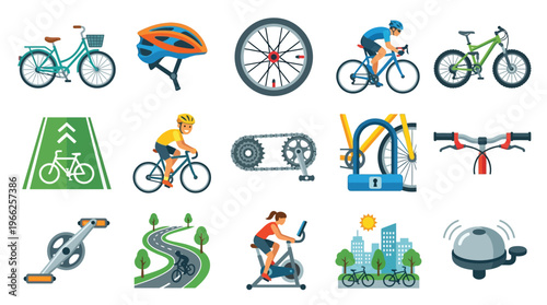 A vibrant collection of cycling-related icons and illustrations, showcasing various aspects of the sport and lifestyle.
