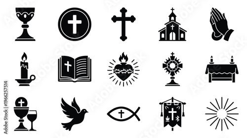 Collection of Christian religious symbols and icons, including chalices, crosses, a bible, a church, and praying hands.