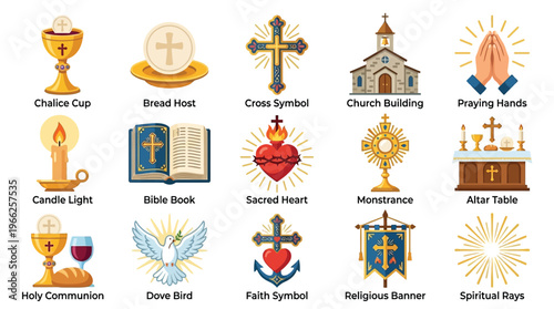 A collection of 15 religious icons representing various symbols and elements of Christian faith and worship.