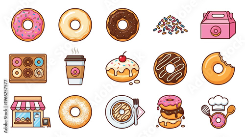A vibrant collection of delicious donuts, coffee, and bakery-related illustrations, showcasing various flavors and a charming shop.