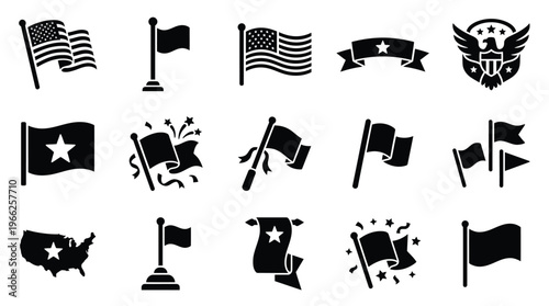 Collection of black and white vector icons representing various flags, banners, and patriotic symbols, including the American flag, eagles, and stars.