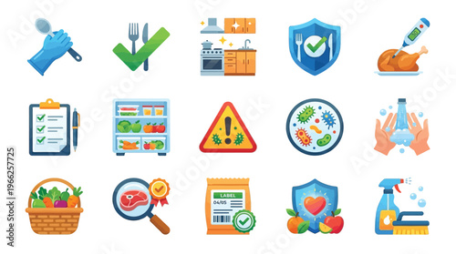 A collection of icons representing food safety, hygiene, and quality control measures in a kitchen and food handling environment.