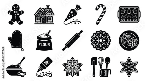 A collection of black and white icons representing various baking and gingerbread cookie decorating elements.