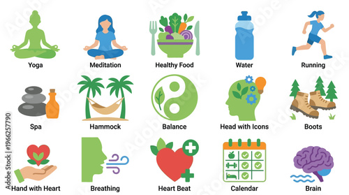 A vibrant collection of icons representing various aspects of a healthy lifestyle, including yoga, meditation, healthy eating, hydration, exercise, relaxation, and mental well-being.