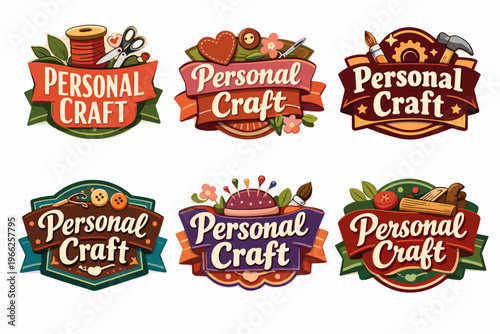 Personal craft badges set showing various handmade hobby tools and vintage style emblem designs for diy projects