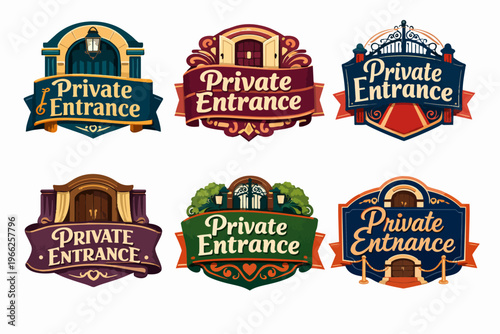 Private entrance vintage badges set with elegant doors, decorative gates and retro elements, inviting exclusive access