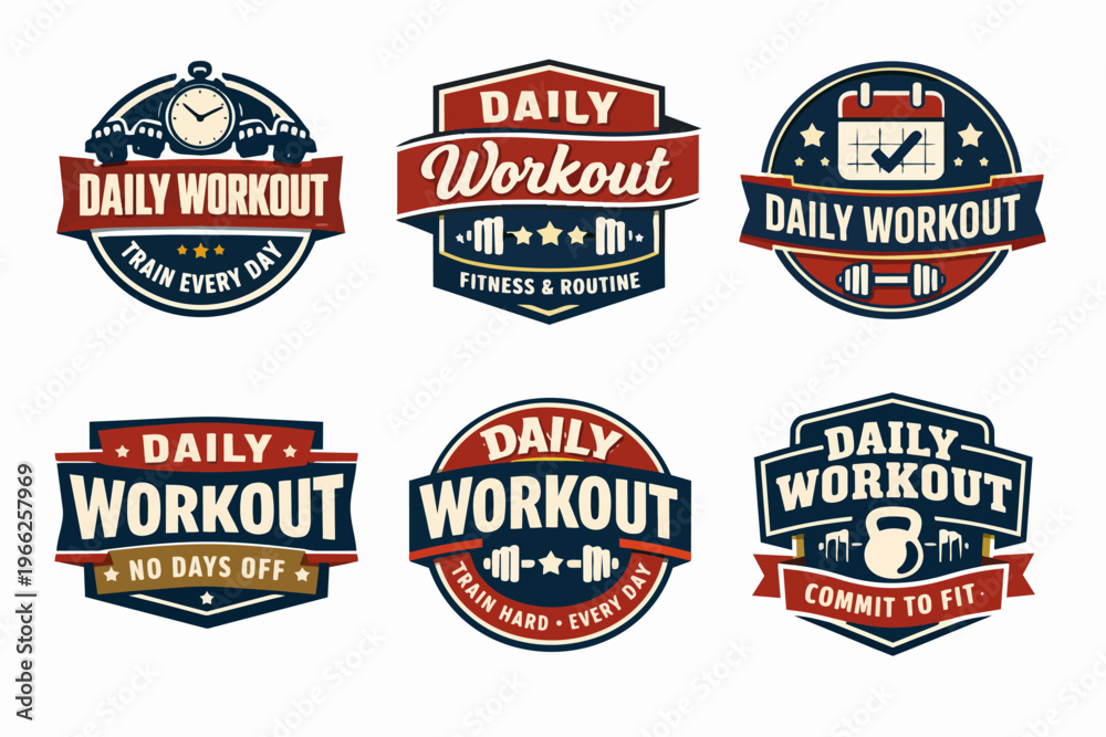 Obraz premium Daily workout fitness badges set featuring gym equipment and motivational phrases for sports training and healthy lifestyle