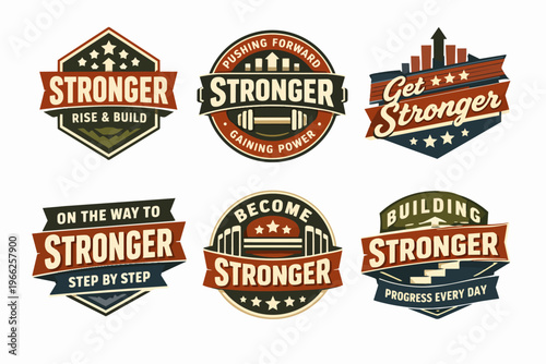 Stronger collection of vintage badges showcasing fitness, progress, motivation, and power for gym or training concepts