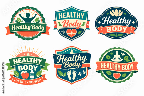 Healthy body badges offering concepts of wellness, fitness, nutrition, yoga, and active lifestyle