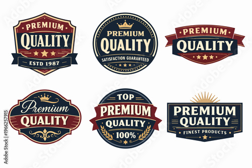 Premium quality badges and labels set for product promotion, offering satisfaction guaranteed and top finest products