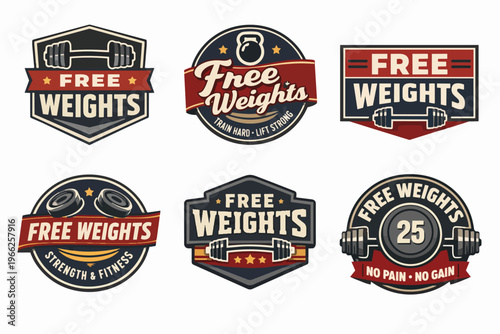 Fitness club and gym free weights emblems set, bodybuilding and workout badge collection for strength training