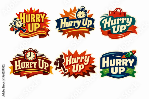 Hurry up badges collection featuring clocks, shopping bags, rockets, and people running, illustrating urgency and limited time