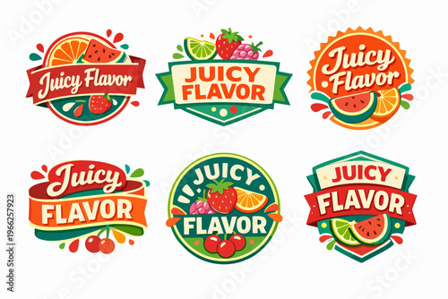Collection of colorful fruit labels and badges, showcasing fresh and natural flavors for branding and design elements