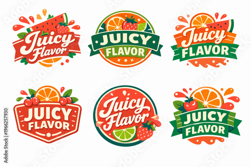 Juicy flavor illustration set for summer drinks, natural fruit juice, food product packaging, and organic healthy lifestyle branding