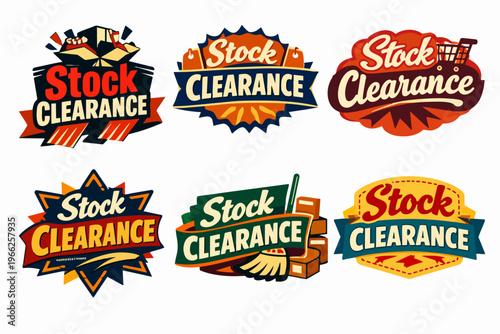 Stock clearance sale labels set with various retro designs, announcing retail promotions and shopping discounts