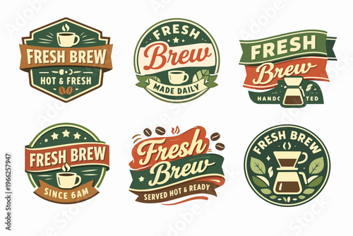 Fresh brew coffee badges collection, creating a vintage design for cafe, roastery, or beverage shop branding and packaging