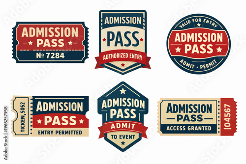 Admission pass set creating vintage ticket and badge designs for event entry, authorized access, and granted permits