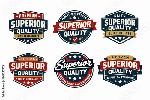 Vintage style superior quality badges certifying premium products, high performance, and guaranteed excellence