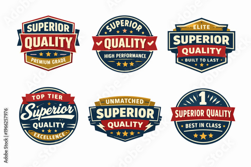 Collection of superior quality product labels and premium grade badges indicating best in class and top tier performance