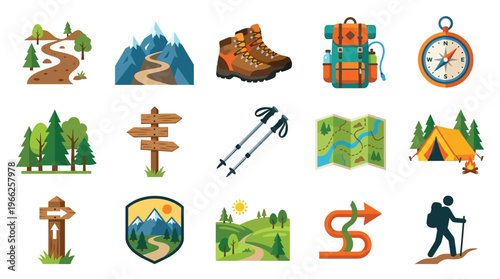 Collection of colorful flat icons representing hiking and outdoor adventure activities, including trails, mountains, boots, backpacks, compasses, tents, and directional signs.