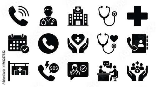 A collection of 15 black and white icons representing various aspects of healthcare and medical services, including a doctor, hospital, stethoscope, and emergency call.