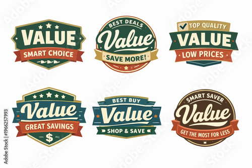 Value labels set in retro style, offering best deals, smart choice, low prices, and great savings