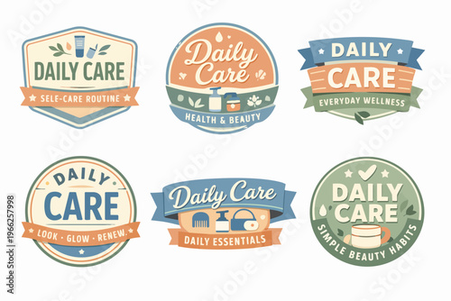 Daily care labels and badges with self-care routine, health and beauty, and everyday wellness concepts