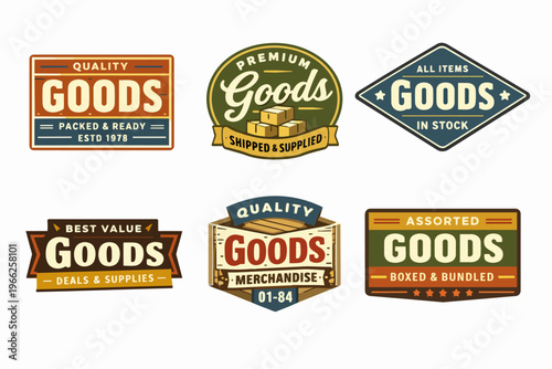 Goods and merchandise labels set featuring quality, premium, best value, assorted, packed, stocked designs