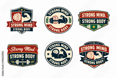Strong mind strong body concept with vintage fitness and gym badges, illustrating health, willpower, and physical power
