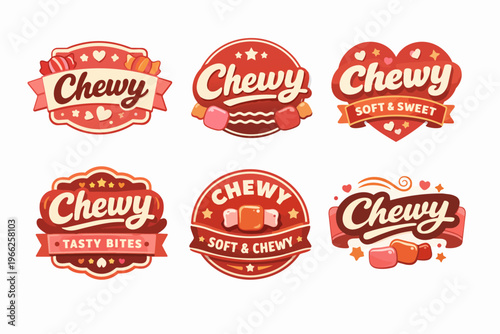 Set of cute chewy candy brand logos with stylized lettering, hearts, stars, and sweet food elements on a white background
