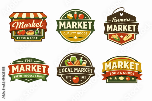 Market emblems featuring fresh local produce, organic food, and quality goods for farmers market branding