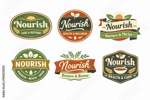 Nourish brand logo collection vector set, creating vintage badges for health, wellness, and organic food packaging