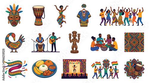 Vibrant collection of African cultural elements including masks, musical instruments, dancers, traditional clothing, and celebratory scenes.