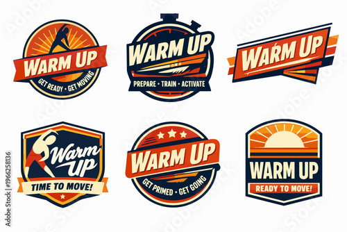 Set of warm up badge concepts for fitness and exercise, illustrating workout preparation and active lifestyle motivation