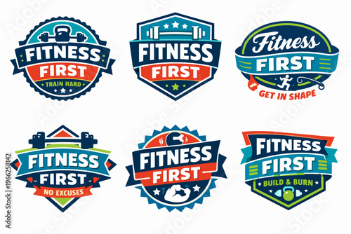 Set of colorful fitness and gym emblems, using dumbbells, barbells, and other training equipment with motivational phrases