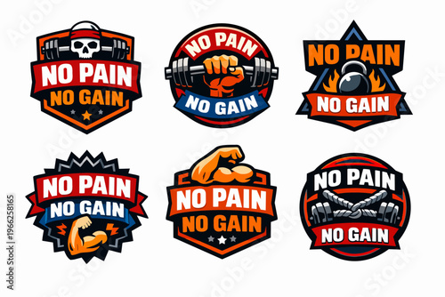 No pain no gain fitness logo set representing workout motivation, bodybuilding concepts, and gym training symbols