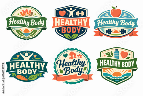 Healthy body badges set illustrating fitness, wellness, and healthy nutrition concepts with sports and nature elements