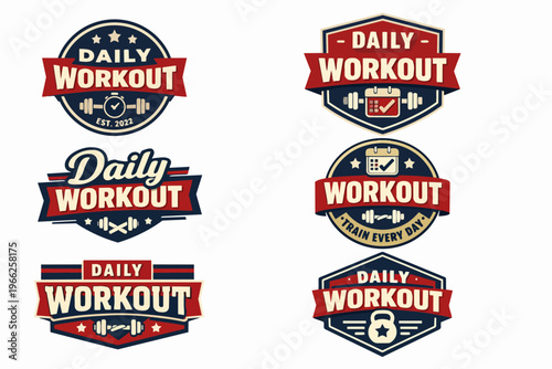 Collection of vintage daily workout badges and gym emblems for fitness, training, and health concepts