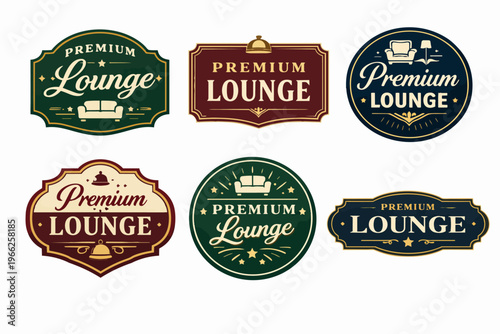 Vintage premium lounge badges set. Elegant insignia with sofas, lamps, and stars for clubs, hotels, and luxury spaces