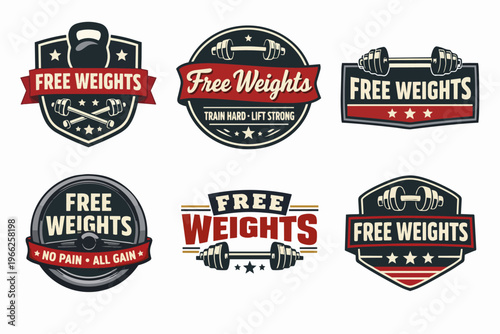 Free weights and gym logos collection for fitness design, bodybuilding, and strength training labels