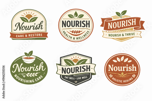 Collection of nourish brand logos conveying concepts of health, wellness, vitality, organic products, and natural ingredients
