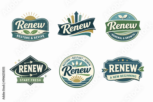 Collection of renew concept badges, emphasizing fresh starts, restoration, growth, and sustainable new beginnings