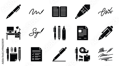 Collection of black and white icons representing writing instruments, office supplies, and documents, suitable for graphic design and business-related themes.