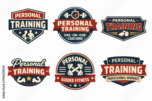 Personal training badges and emblems vector collection illustrating fitness, workout, and health club branding concepts