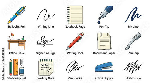 A collection of 15 cartoon-style icons representing various writing instruments, office supplies, and stationery items, arranged in a grid.
