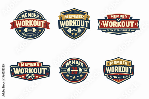 Member workout fitness badges collection. Retro gym emblems featuring barbells and dumbbells for exercise and bodybuilding concepts