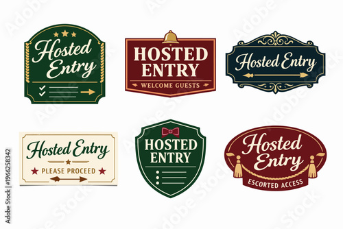 Hosted entry badge collection presenting exclusive access, guest welcome, and concierge service signage design